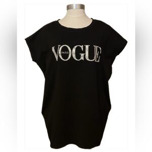 Fashion Vogue Paris Sparkle Logo Black Tunic Tee Shirt Dress with Pockets Size M